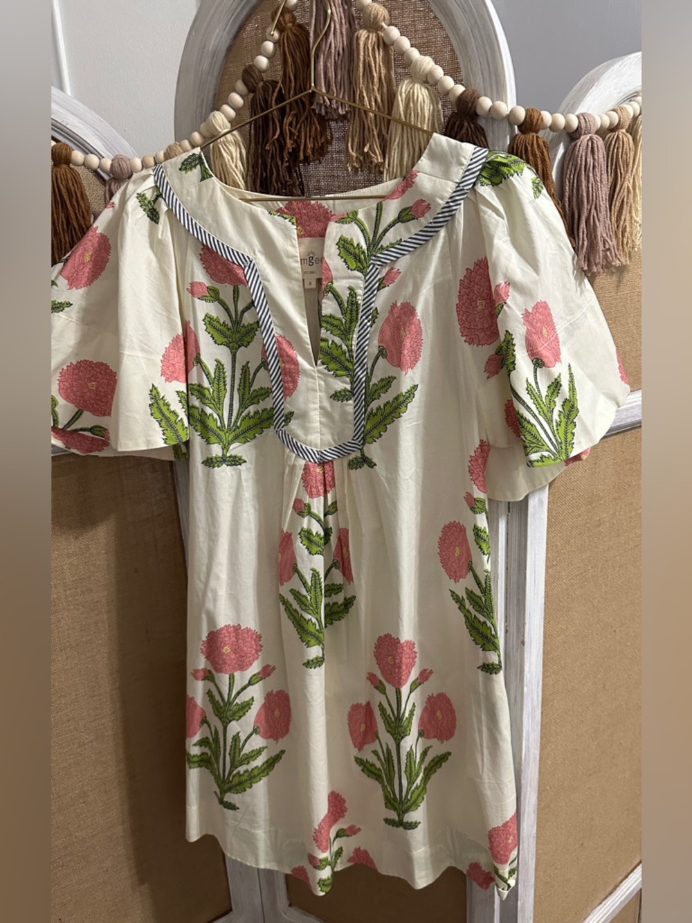 Umgee Cream Tunic Dress with Pink Floral & Green Leaf Print